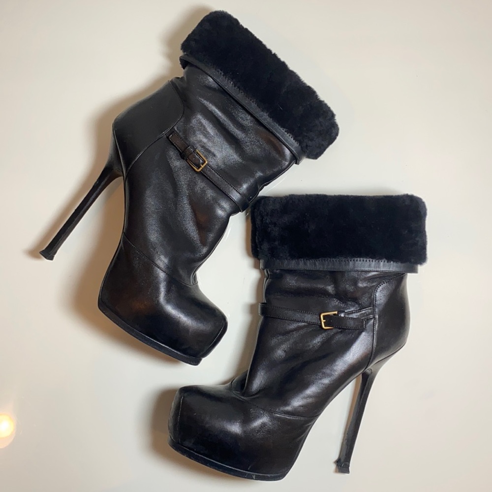 YSL tribute butter leather fur lined boots sz 40